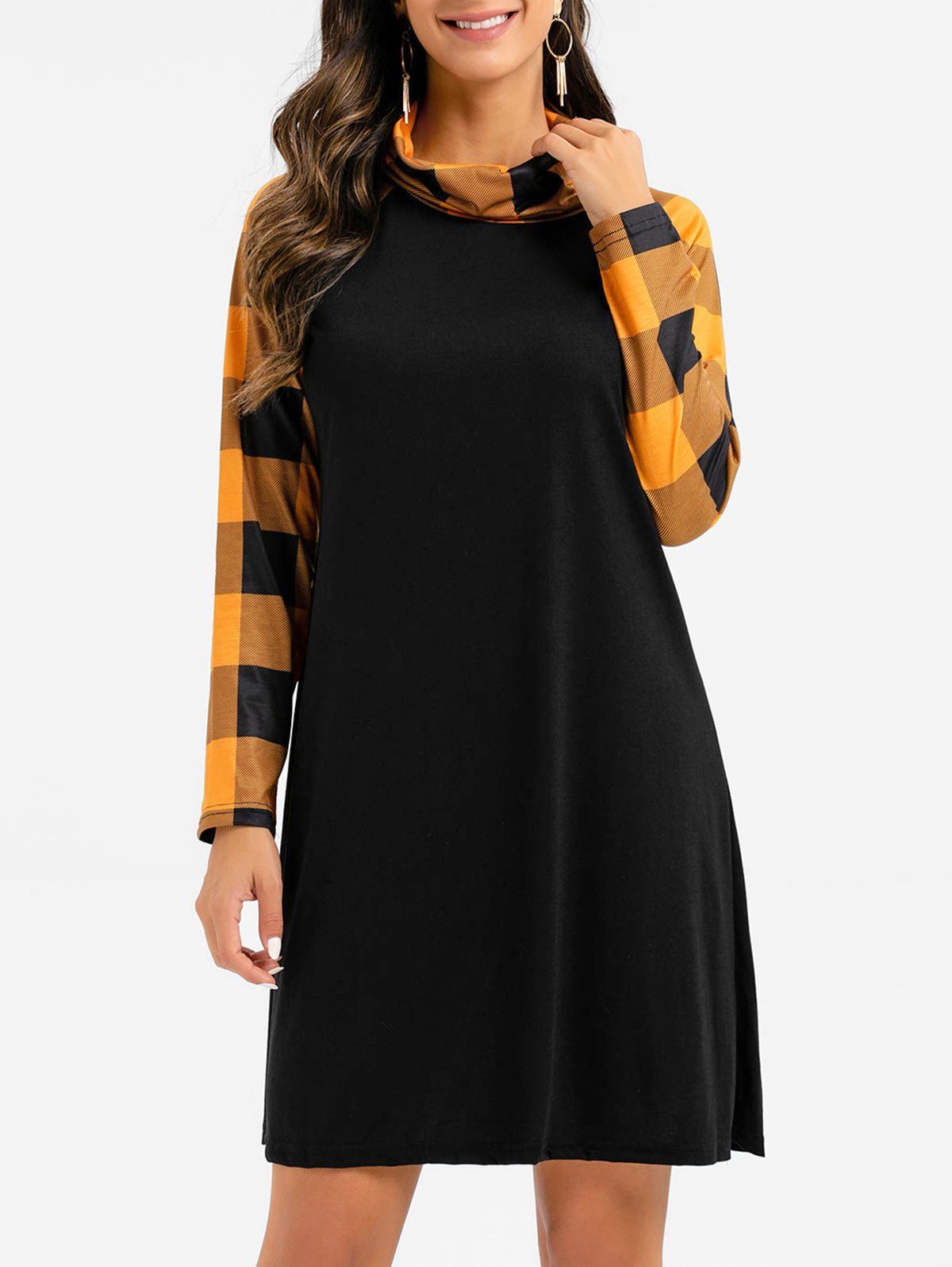 

Plaid Raglan Sleeve Turtleneck Dress, Golden brown