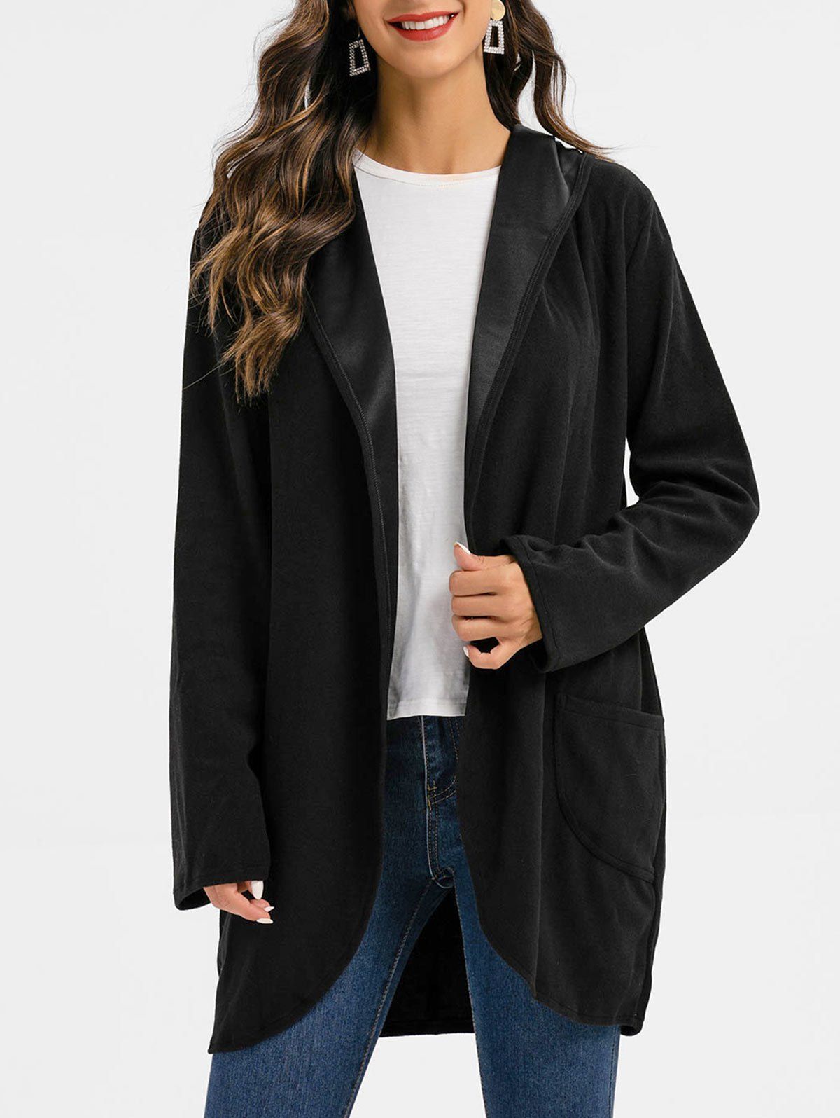 

Hooded Double Pockets Open Front Solid Coat, Black