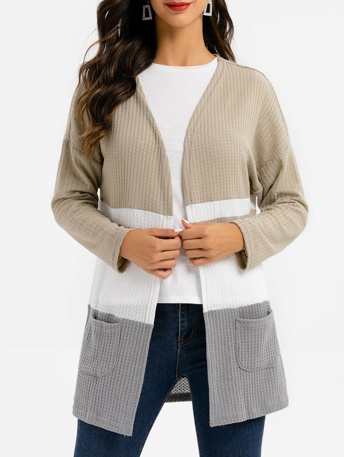 

Colorblock Open Front Honeycomb Knit Cardigan, Light khaki