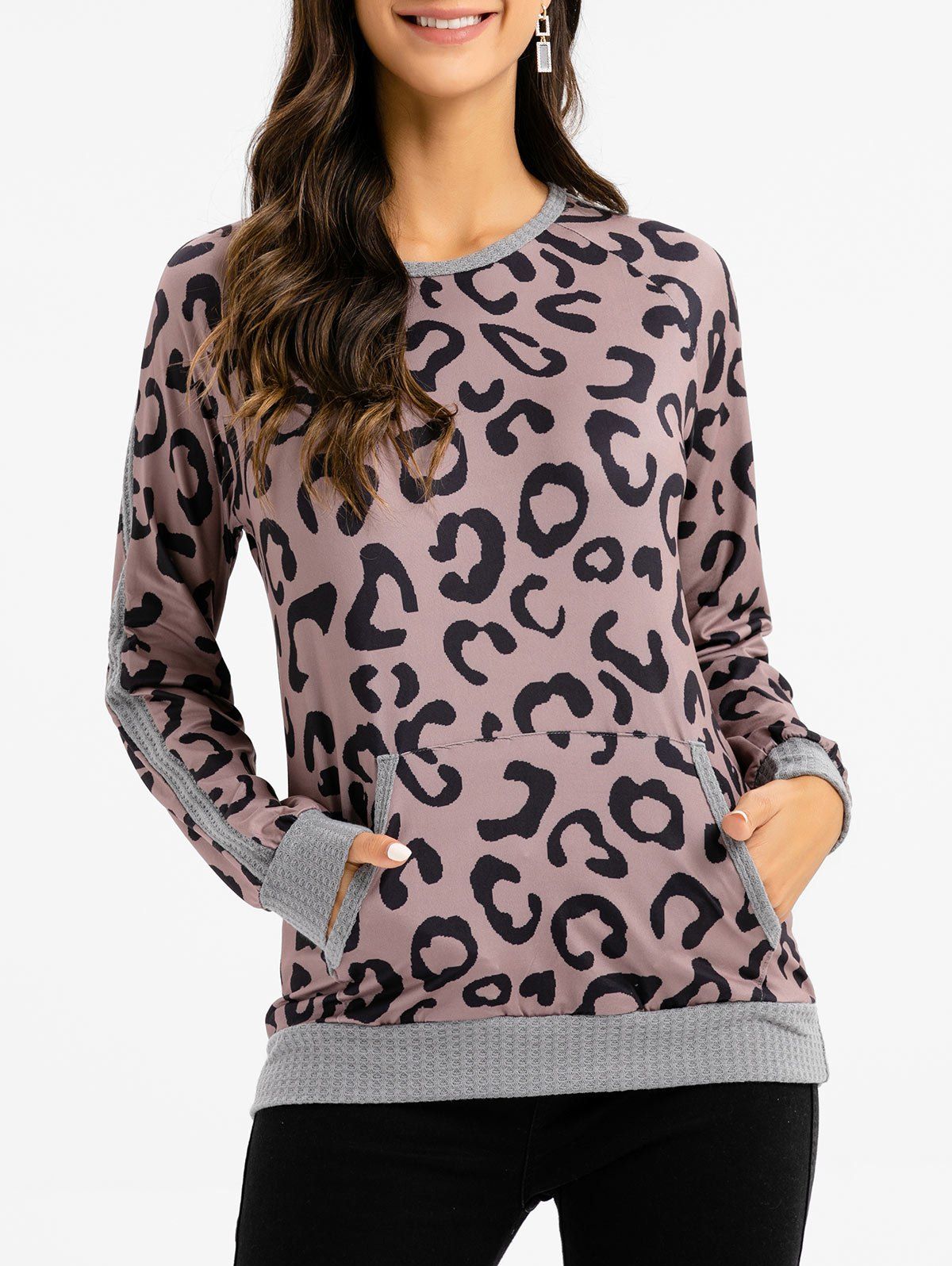 

Floral Leopard Print Front Pocket Loose Sweatshirt, Wood