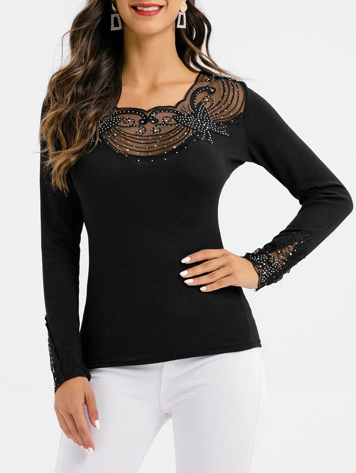 

Butterfly Embroidered Lace Rhinestone Knitwear, Black