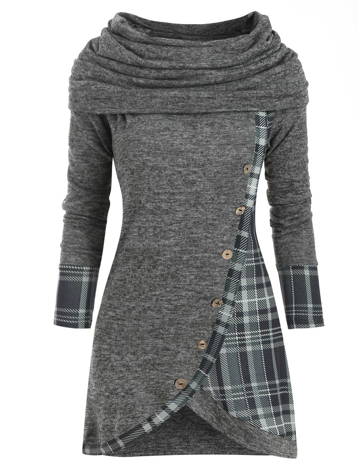 

Plaid Button Embellished Multiway Tulip Hem Knitwear, Gray