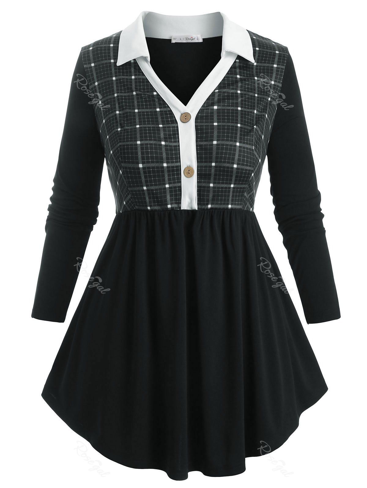 

Plus Size Plaid Half Button Longline T-shirt, Black
