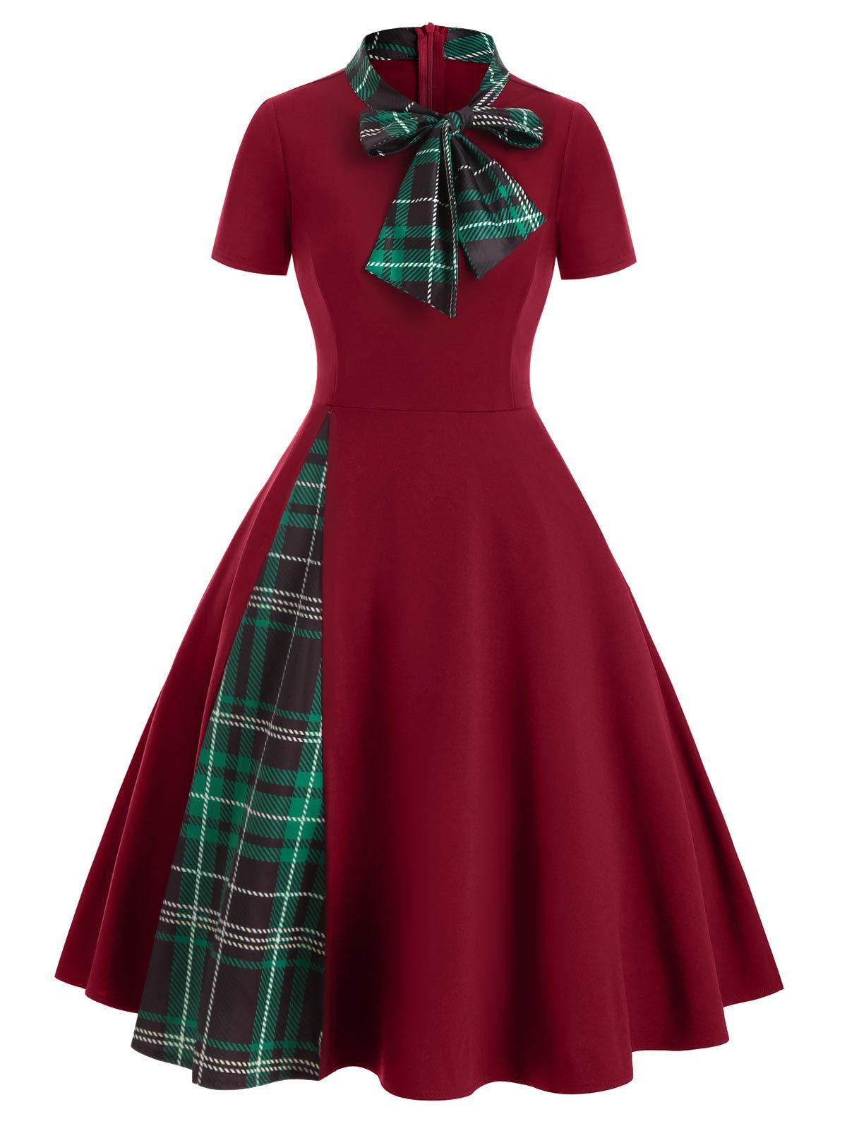 

Bow Tie Plaid Panel A Line Retro Dress, Red wine