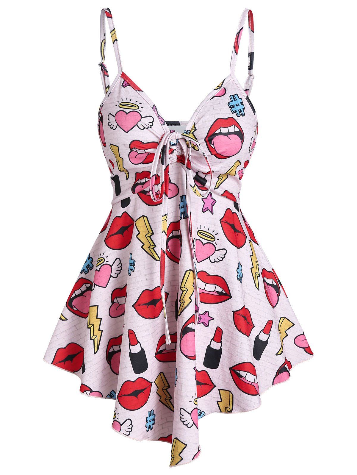 

Cartoon Heart Lip Print Pointed Hem Flare Cami Top, Pink