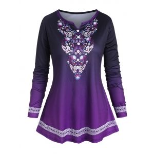 

Plus Size Flower Print Lace Insert Button Embellished T-shirt, Purple iris