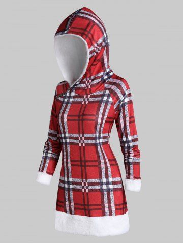 

Hooded Faux Fur Plaid Christmas Knitwear, Red