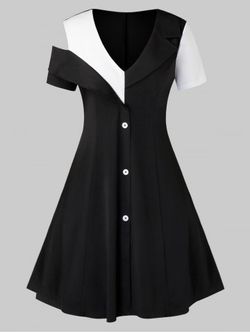 Plus Size Plunging Colorblock Cold Shoulder Dress - BLACK - M