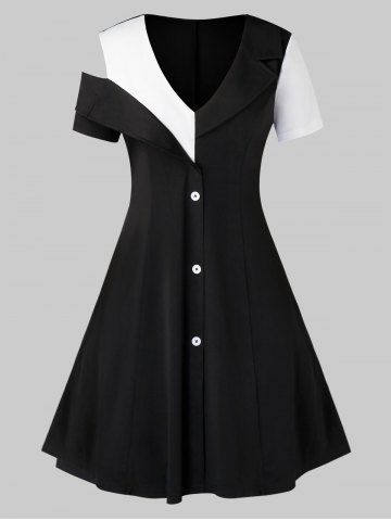 Robe Plongeante en Blocs de Couleurs à Epaule Dénudée Grande Taille