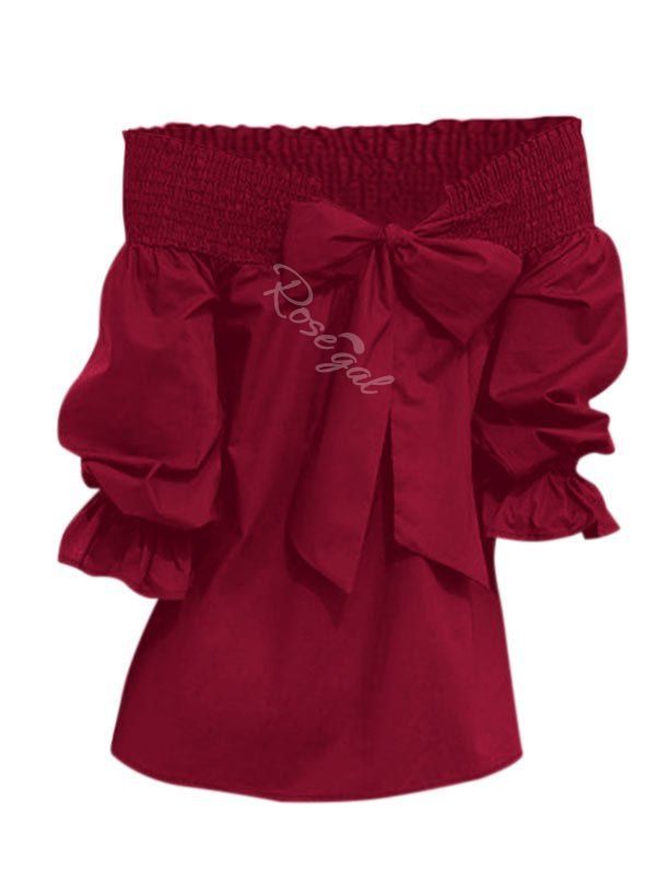 

Bowknot Back Poet Sleeve Off Shoulder Plus Size Blouse, Red wine