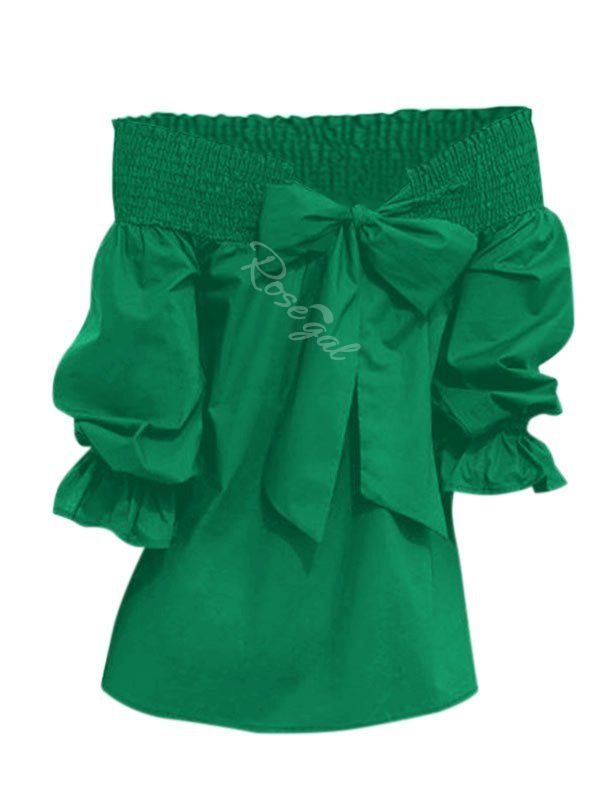 

Bowknot Back Poet Sleeve Off Shoulder Plus Size Blouse, Green