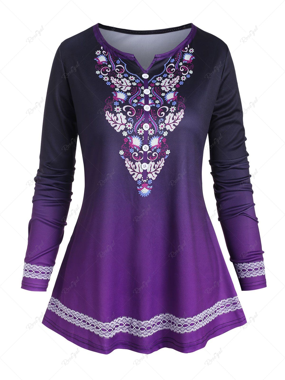 Latest Plus Size Flower Print Lace Insert Button Embellished T-shirt  