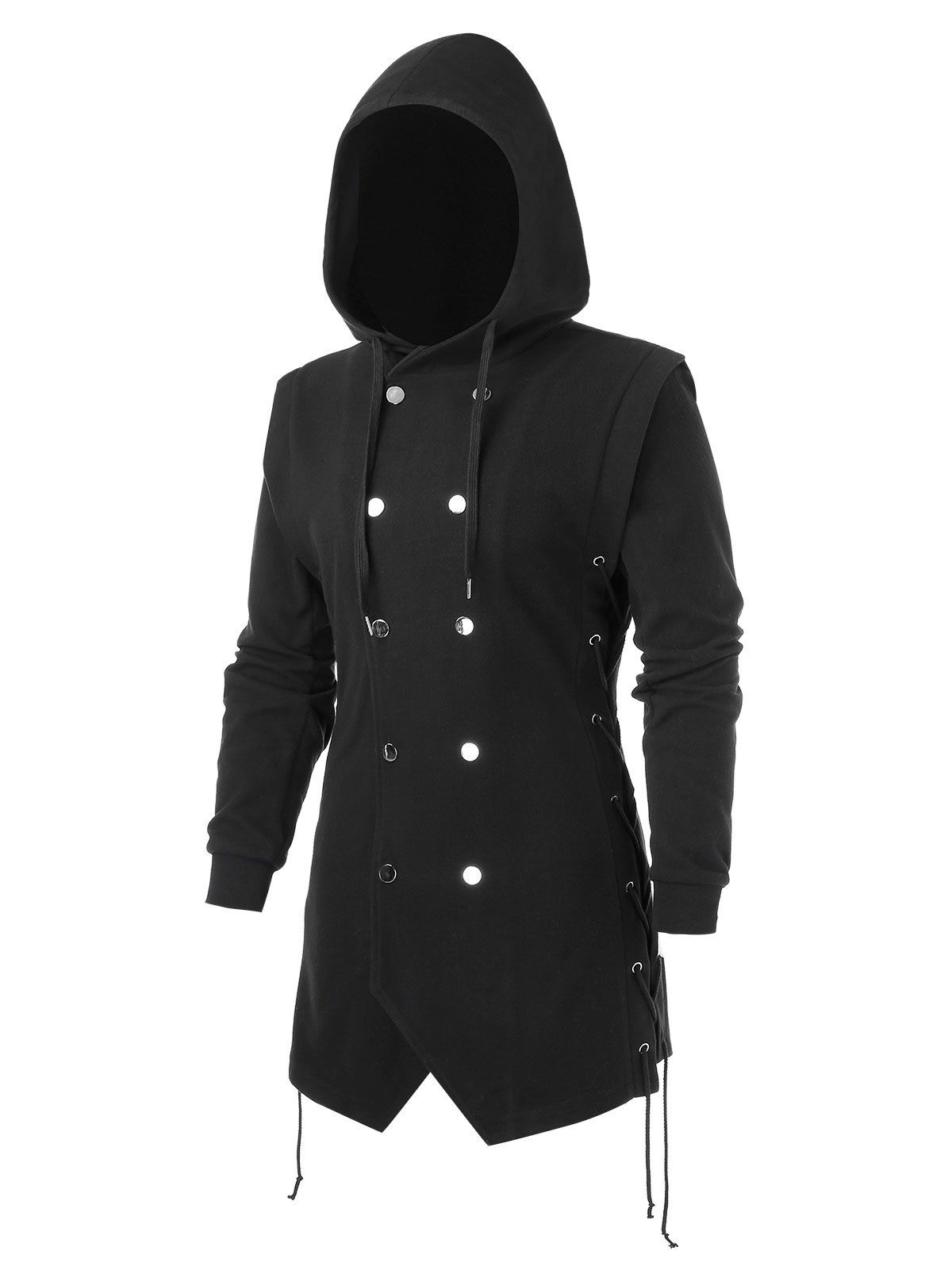 

Plus Size Lace Up Solid Button Hooded Coat, Black