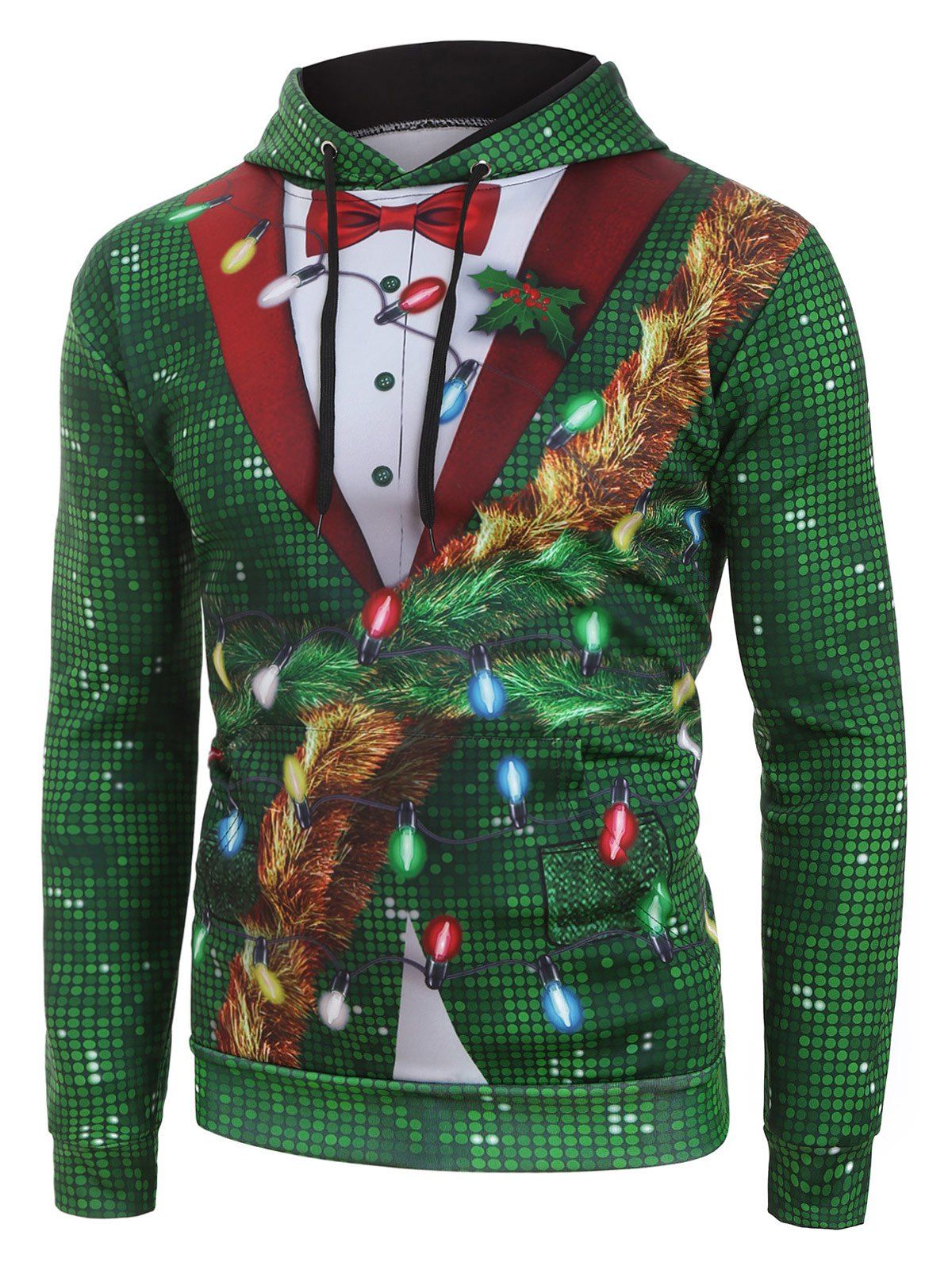 

Christmas Lighting Sequin Print Faux Tuxedo Drawstring Hoodie, Green