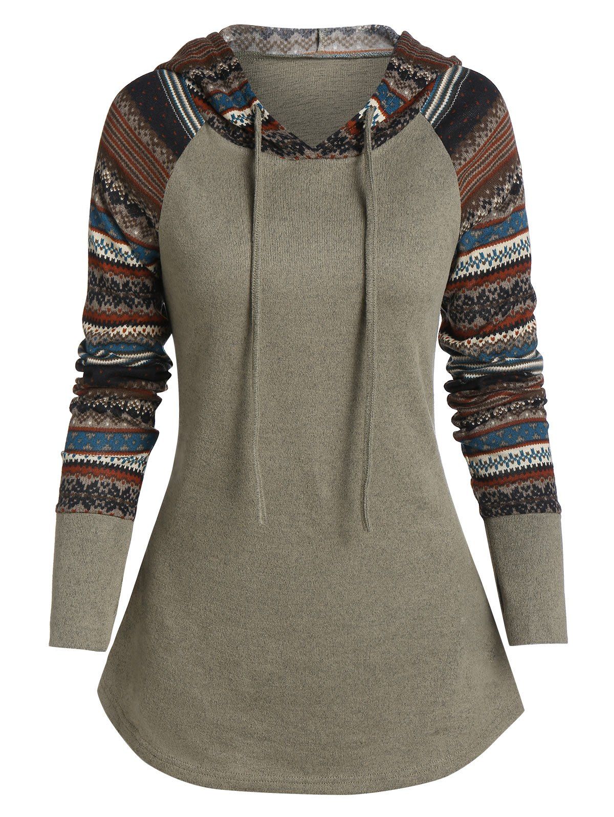 

Raglan Sleeve Tribal Print Pullover Hoodie, Camouflage green