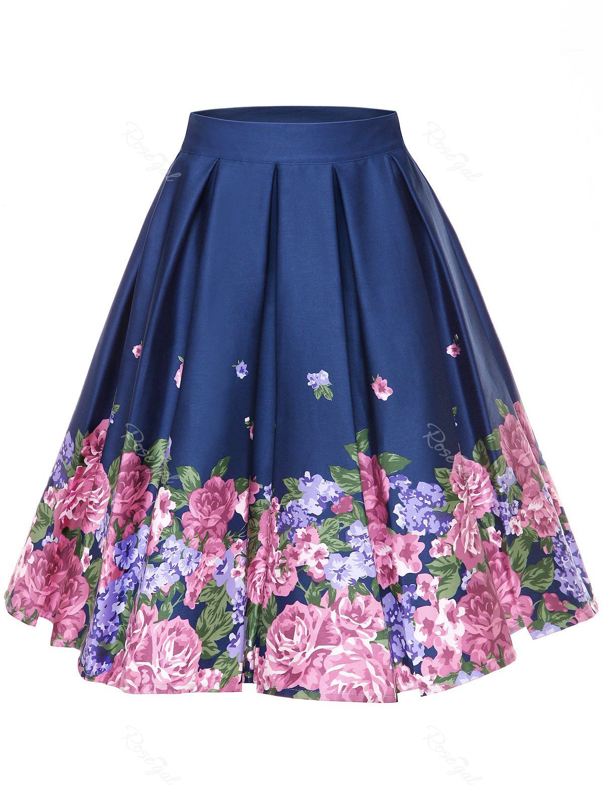 

Plus Size Pleated-detail Floral Chambray Skirt, Blue