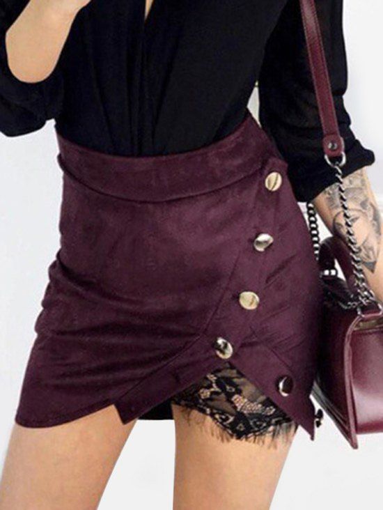

Lace Panel Button Embellished Mini Skirt, Plum velvet