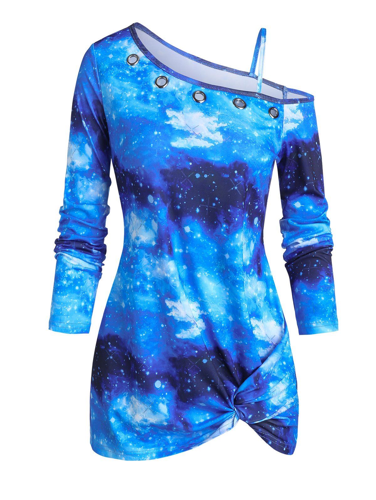

Galaxy Print Front Twist Skew Neck T Shirt, Blue