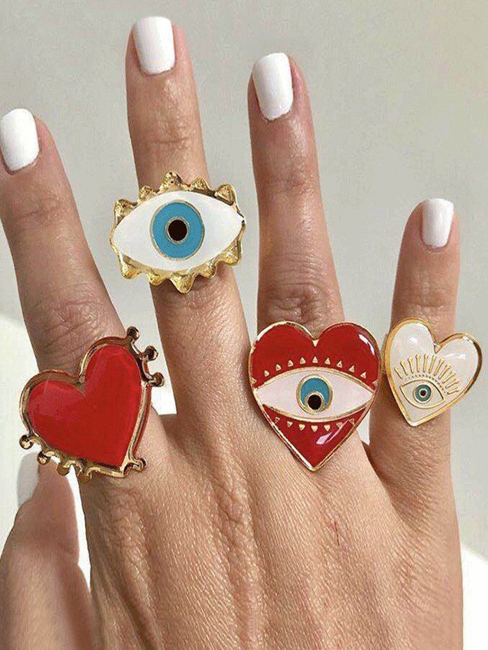 

4Pcs Eye Heart Pattern Rings Set, Gold