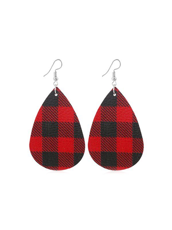 

Plaid Print Leather Water Drop Earrings, Red