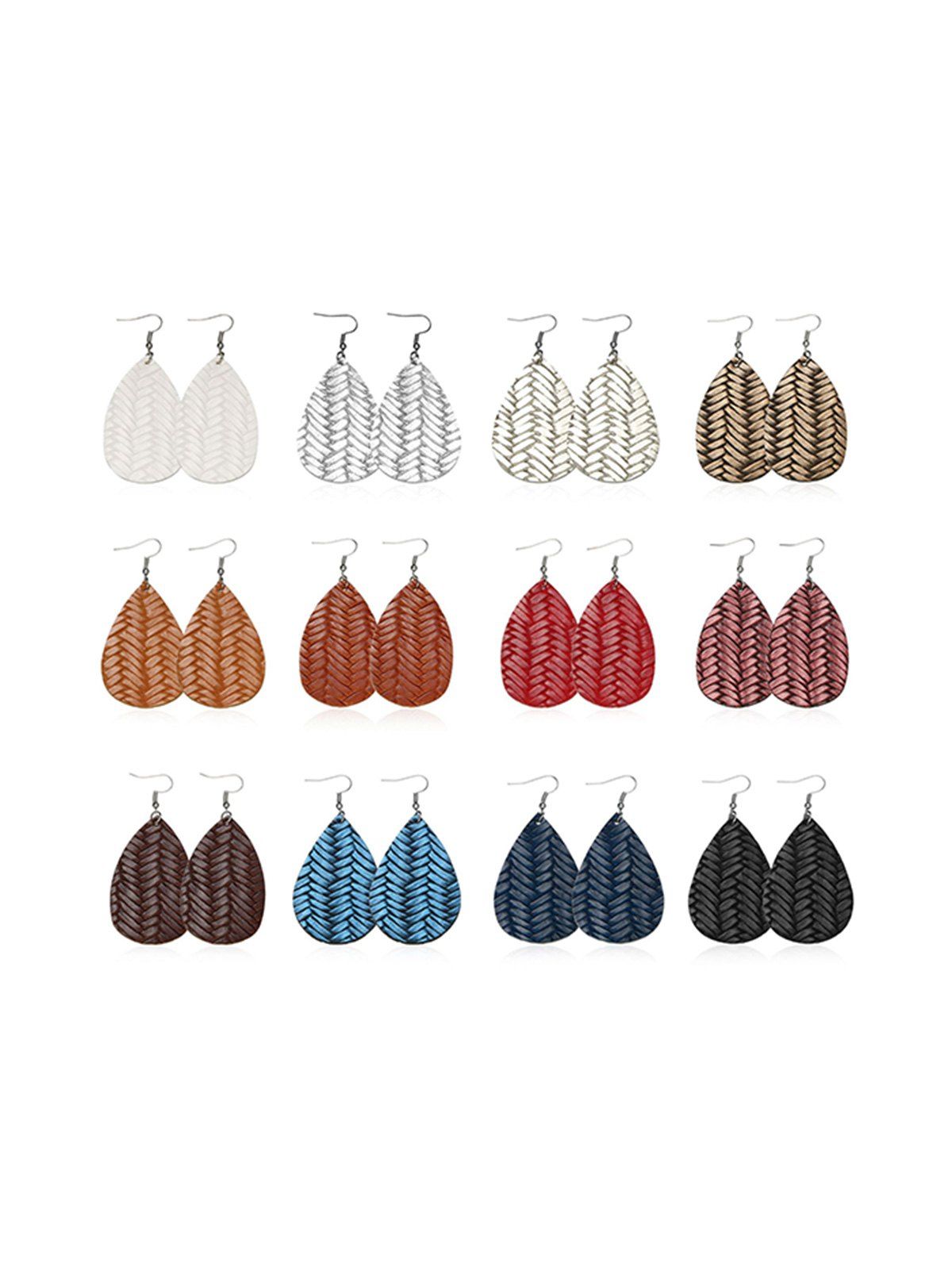 

12 Pairs Herringbone Leather Water Drop Earrings Set, Multi