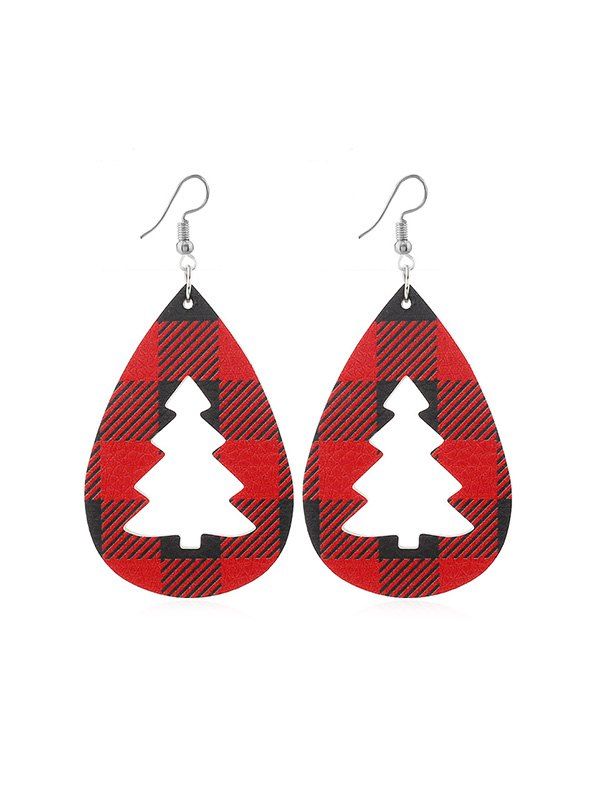 

Plaid Hollow Christmas Tree Leather Earrings, Red