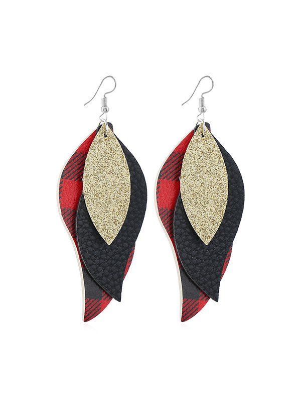 

Leaf Shape Plaid Layers Leather Drop Earrings, Red