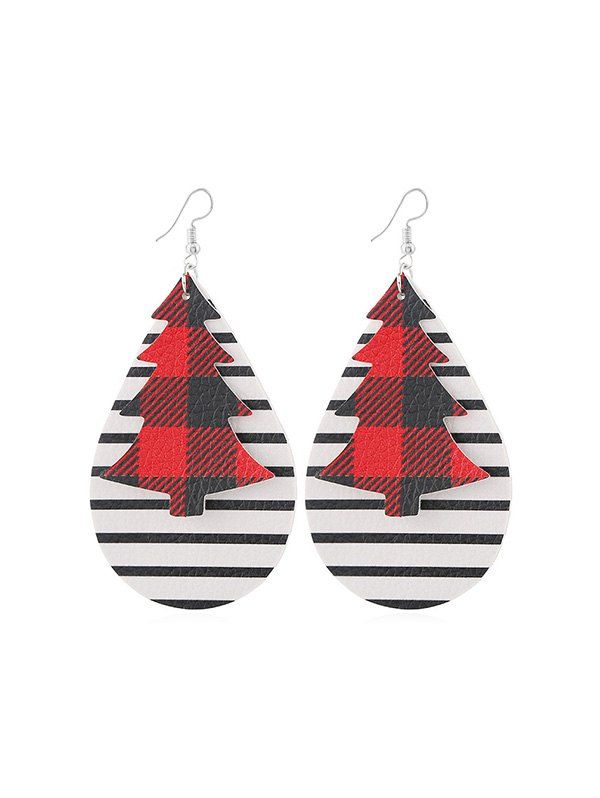 

Christmas Tree Leather Striped Water Drop Earrings, Red