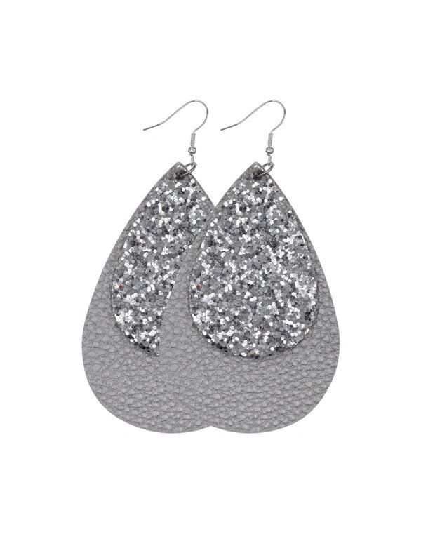Glitter Leather Layers Water Drop Earrings, Silver