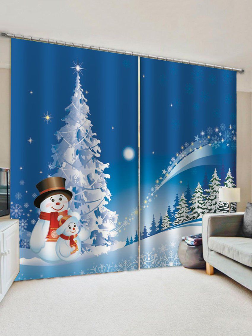 

2 Panels Christmas Tree Forest Snowman Print Window Curtains, Multi