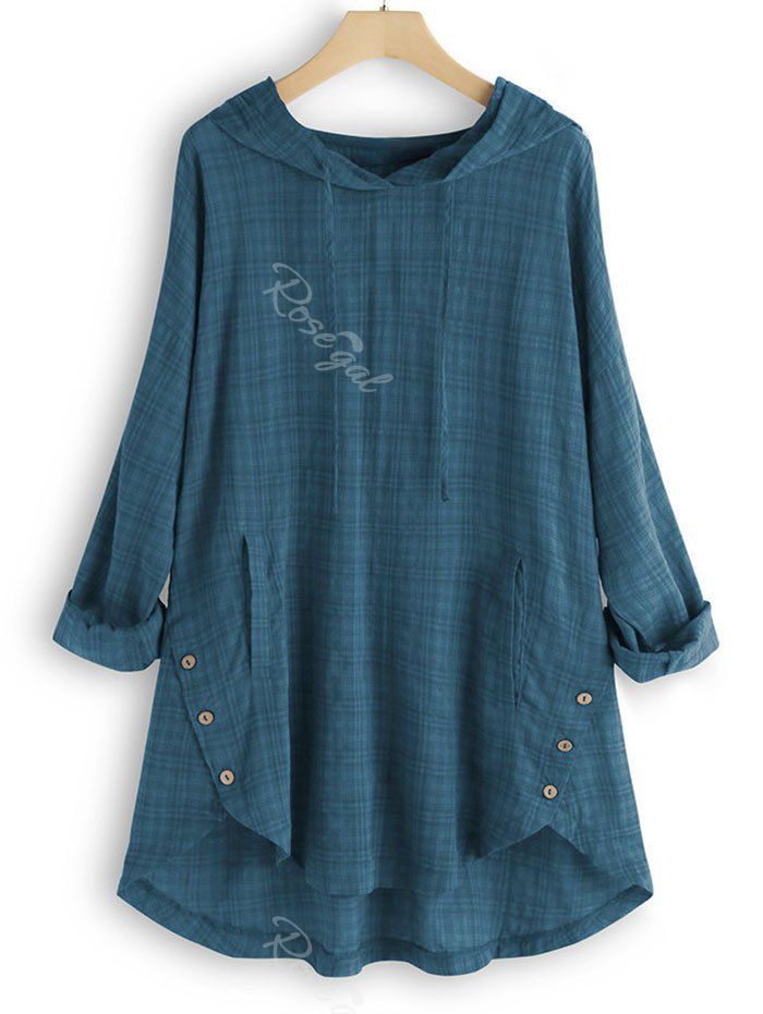 

Plus Size Hooded Checked Tunic Blouse, Blue