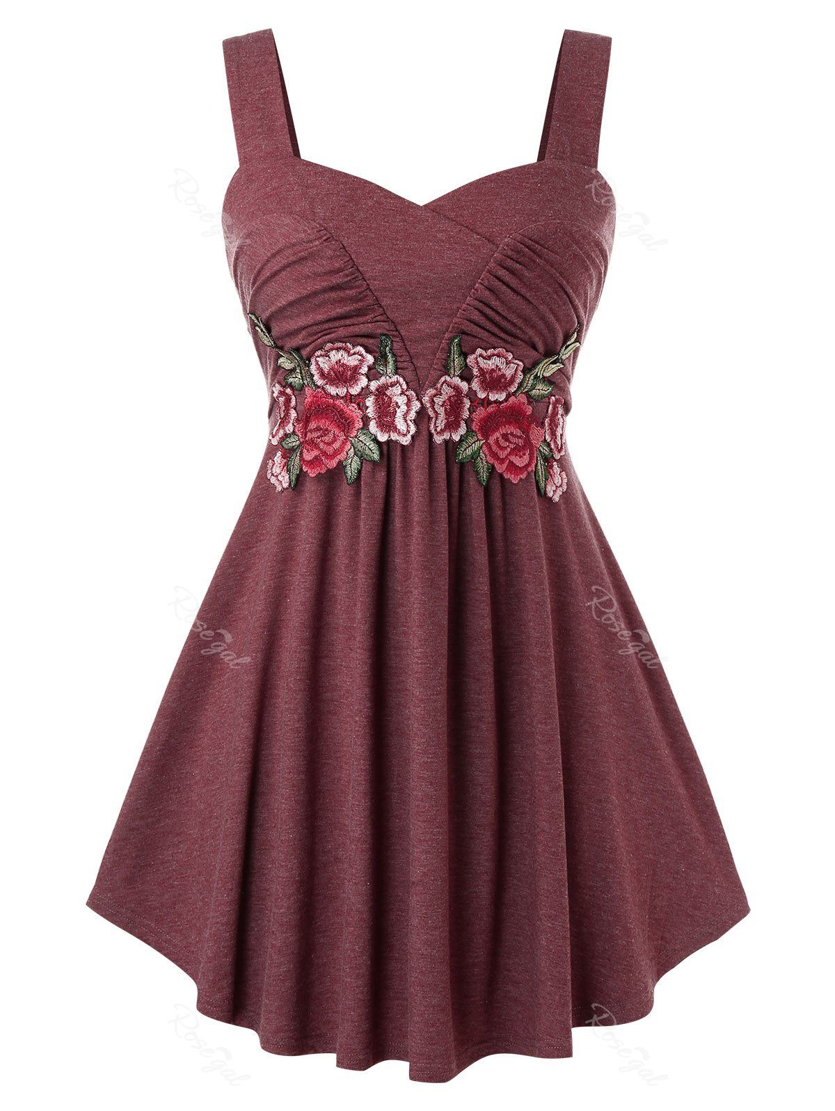 

Plus Size Flower Embroidered Sweetheart Tank Top, Red wine