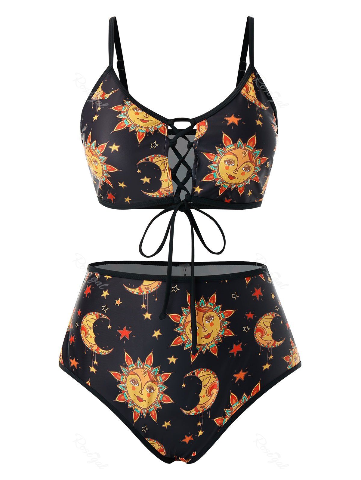 

Plus Size Sun Moon Star Lace Up Tankini Swimsuit, Black