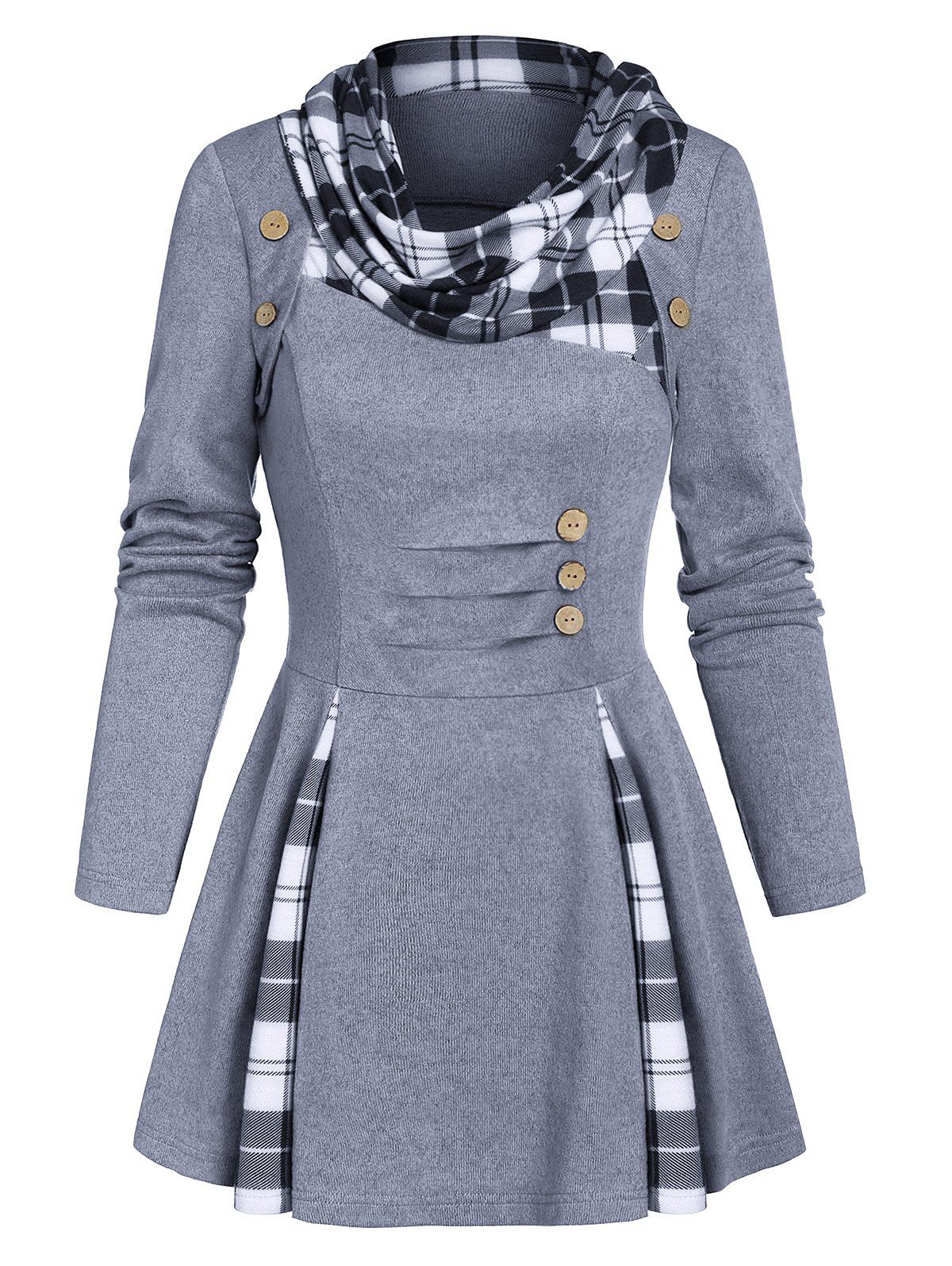 

Plaid Print Ruched Mock Button Sweater, Light slate gray