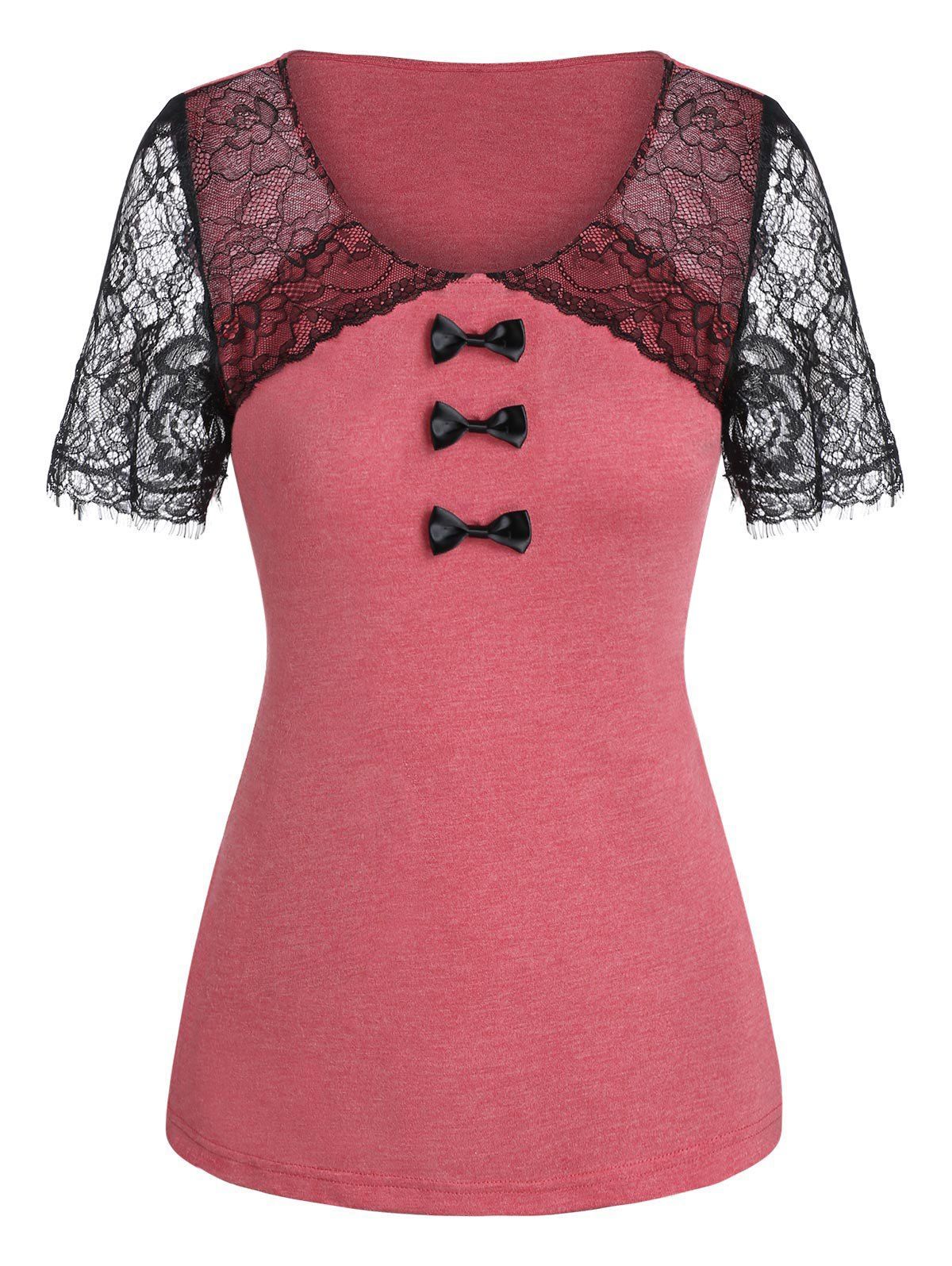 

Lace Panel Bowknot Embellished T-shirt, Cherry red