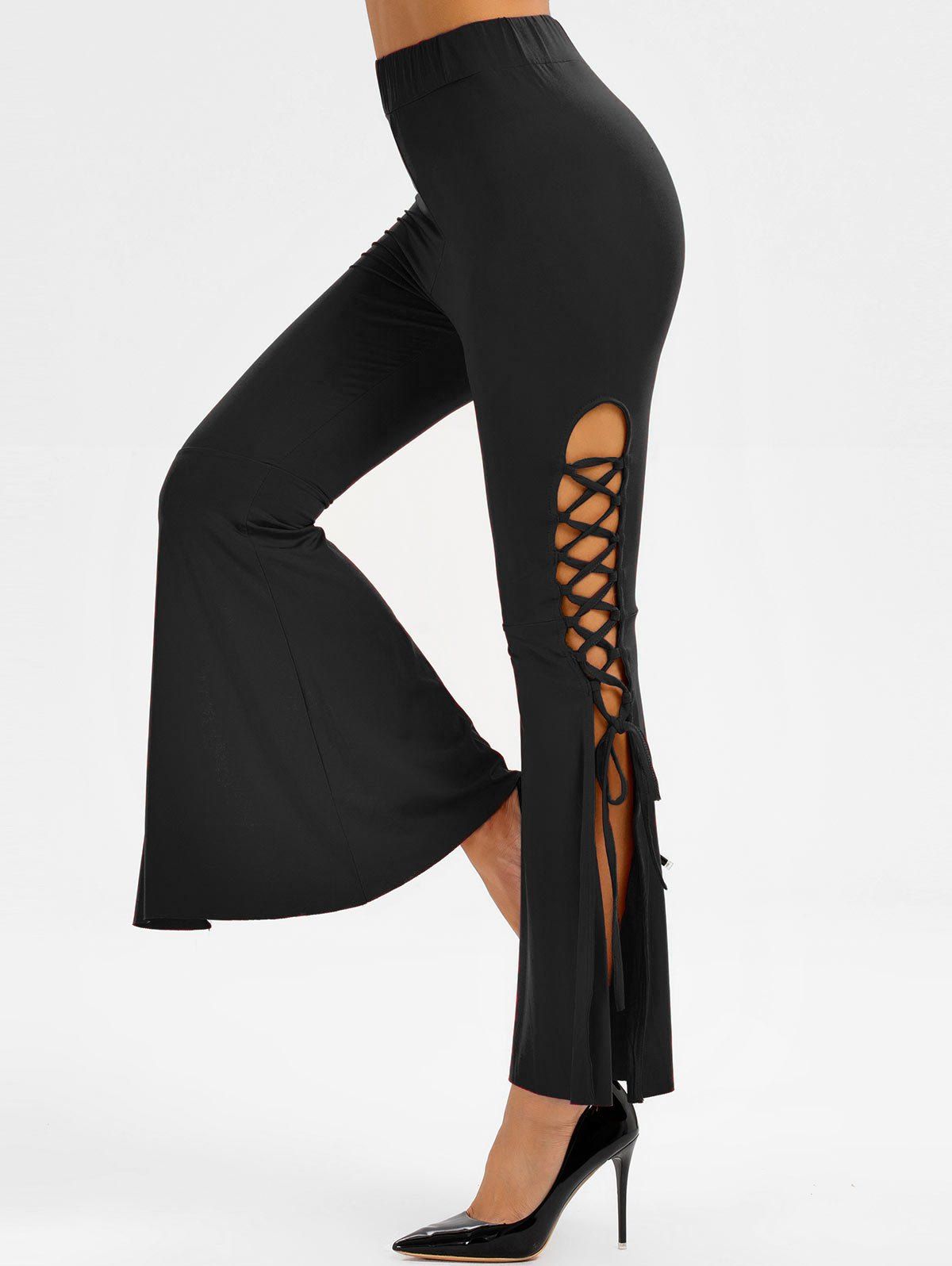 

Lace Up Slit High Waist Flare Pants, Black