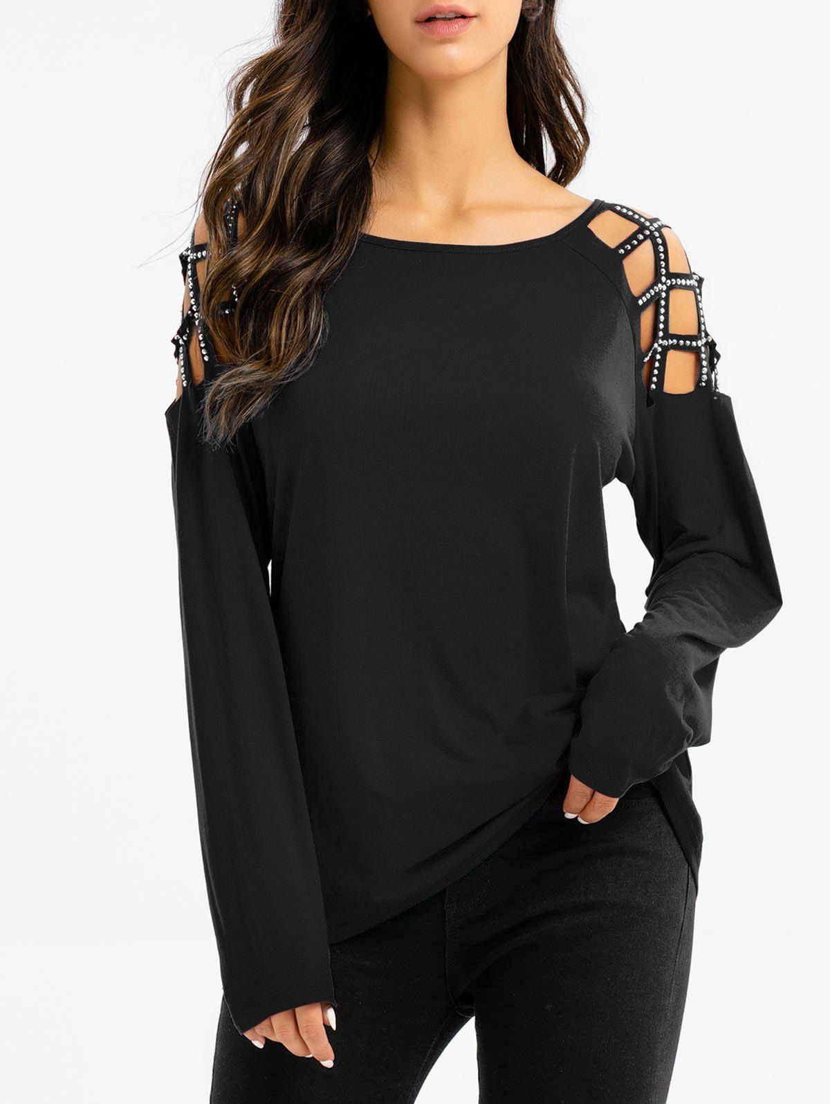 

Rhinestones Cut Out Long Sleeves Tee, Black