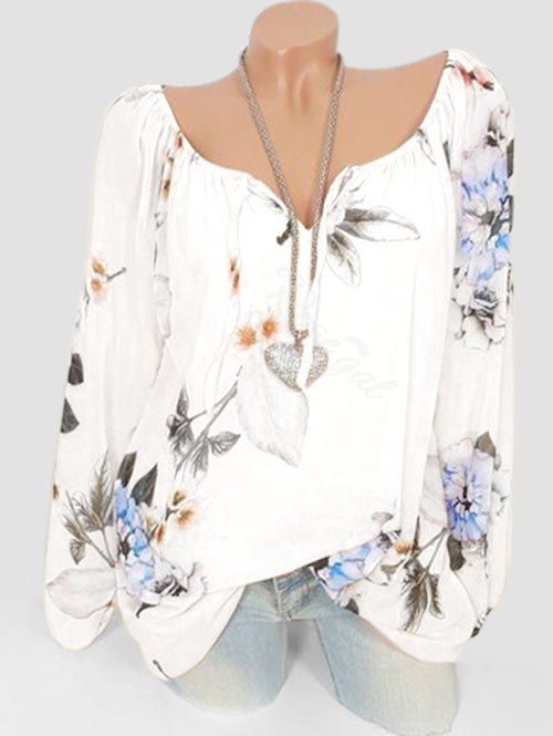

Plus Size Floral Print Raglan Sleeve Blouse, White