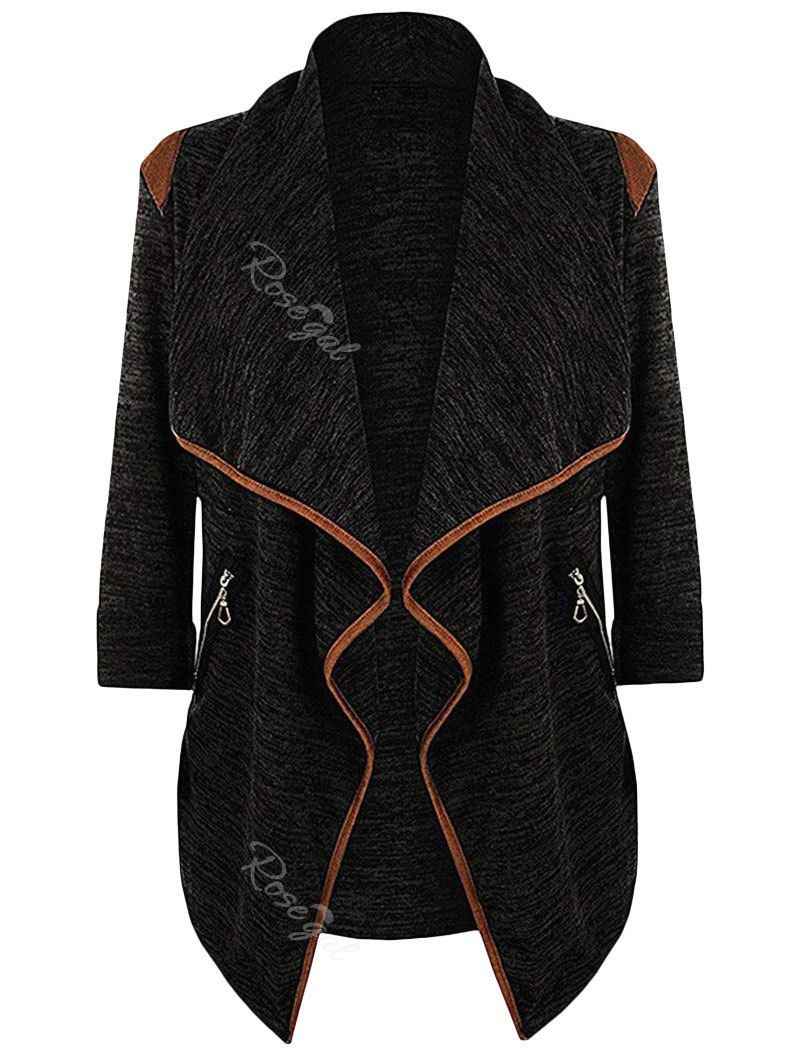 

Open Front Heathered Zippered Waterfall Plus Size Cardiagn, Black