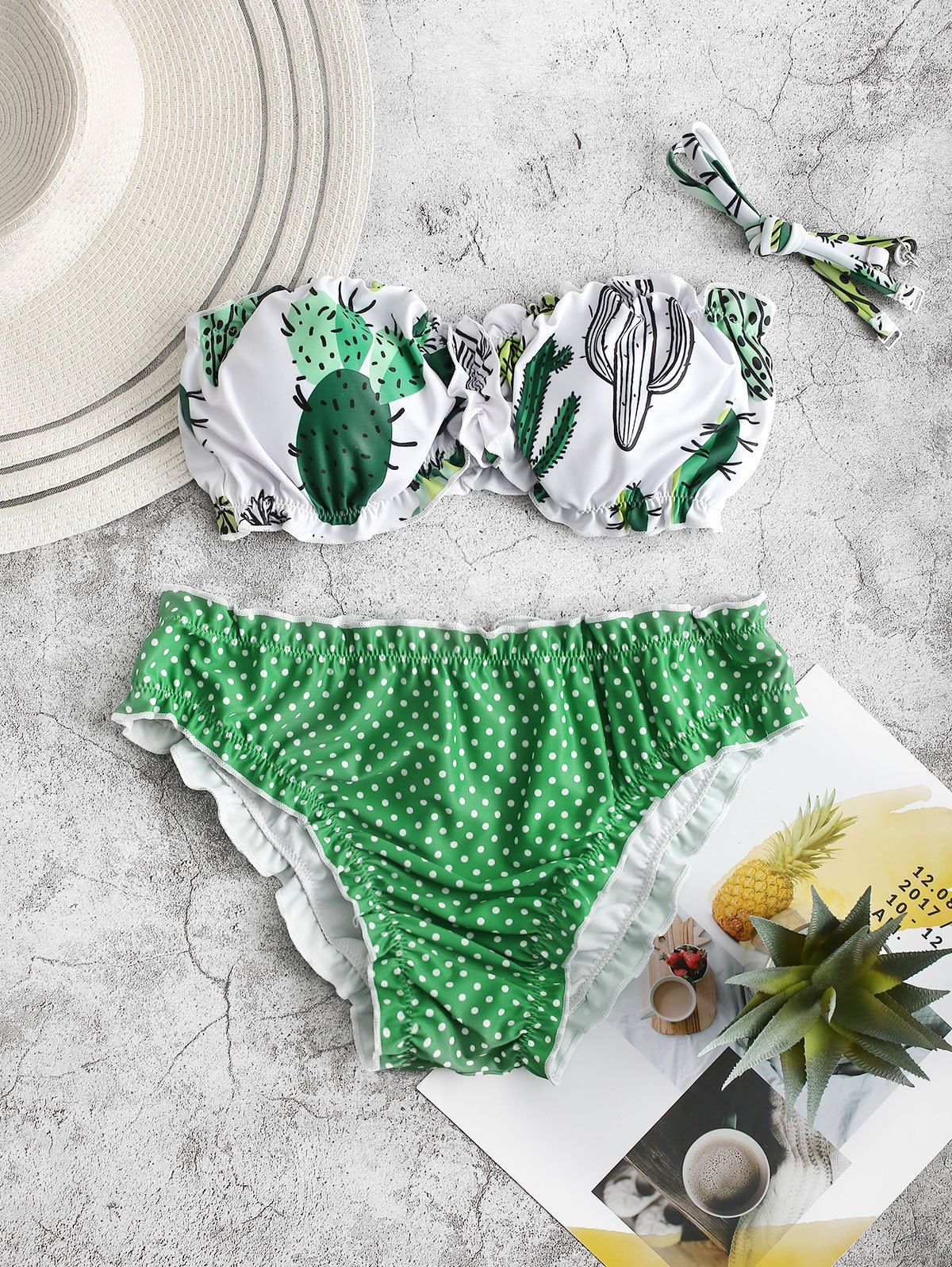 

Cactus Print Polka Dot Bandeau Bikini Swimsuit, Green apple