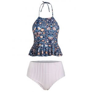 

Halter Printed Flounce Striped Tankini Swimsuit, Deep blue