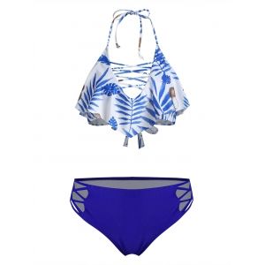 

Halter Leaf Coconut Lattice Flounce Bikini Swimsuit, Blue