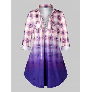 

Plus Size Plaid Lace Up Roll Tab Sleeve Longline Top, Multi