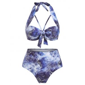 

Halter Ocean Print Push Up High Waisted Bikini Swimsuit, Blue