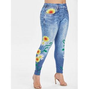 

Plus Size Sunflower Print Skinny 3D Jeggings, Jeans blue