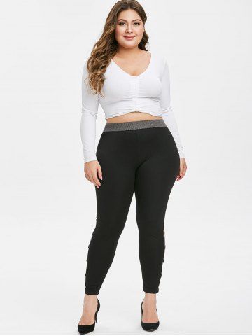 

Plus Size Buttoned Contrast Trim Skinny Pants, Black