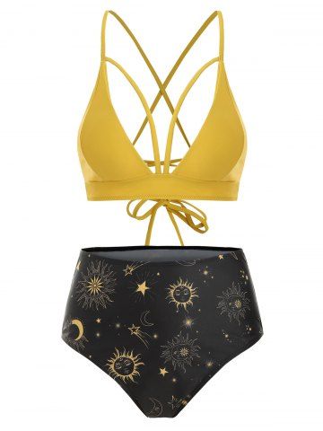 

Sun Star Moon Cinched Lace-up Three Piece Swimsuit, Sun yellow