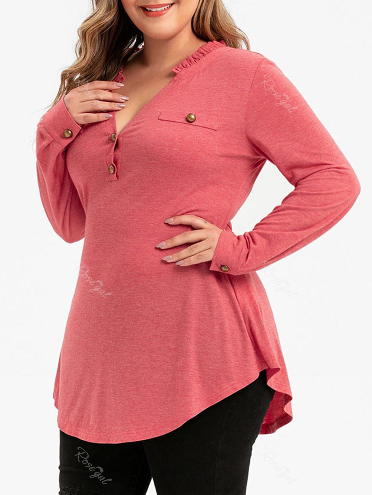 

Plus Size Frilled Placket Long Sleeve Tunic Tee, Valentine red