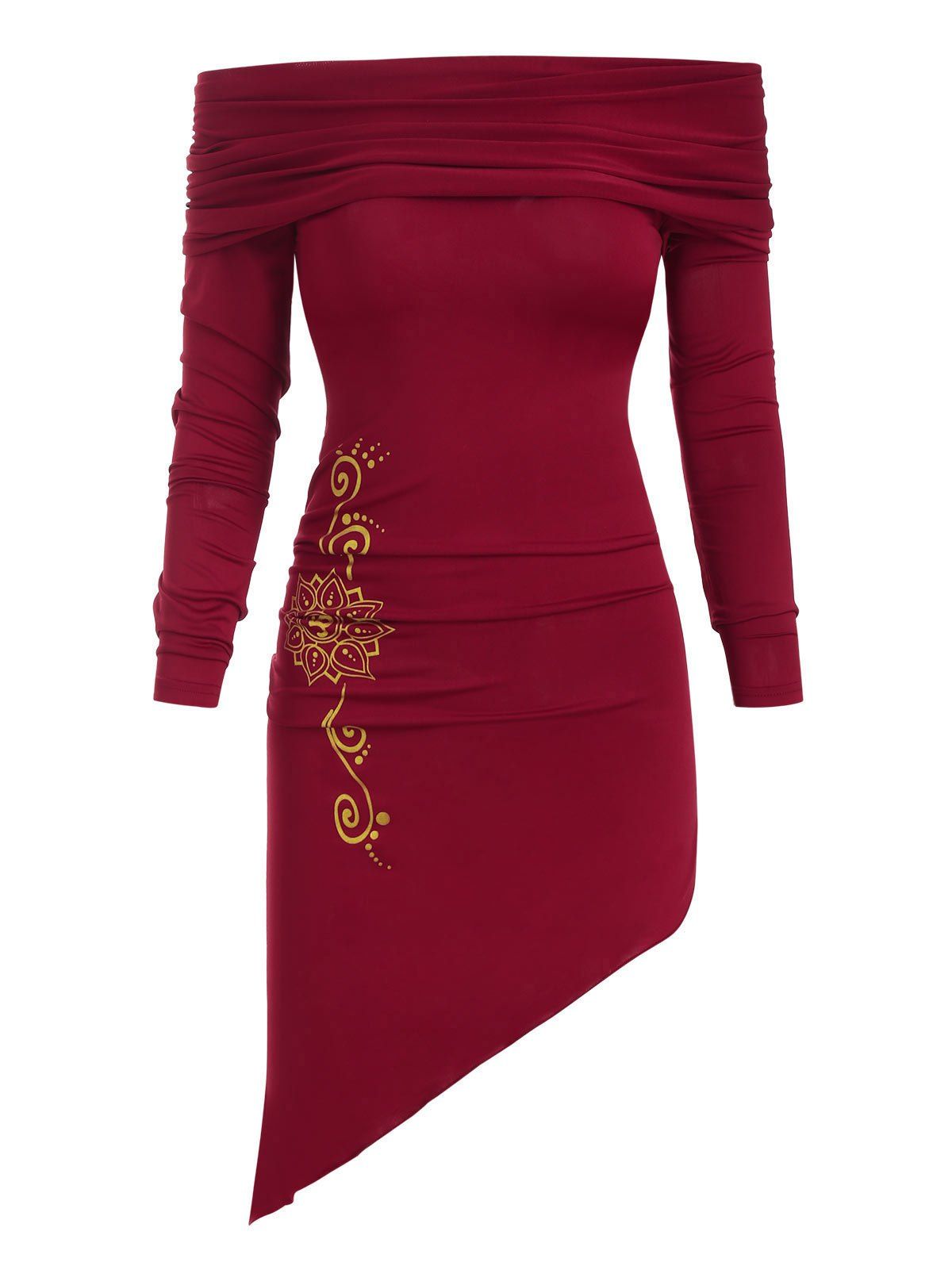 

Printed Asymmetric Long Sleeves Dress, Red wine