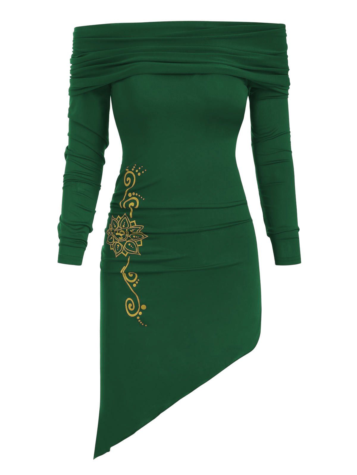 

Printed Asymmetric Long Sleeves Dress, Clover green